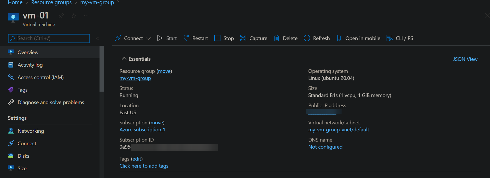 Viewing options on managing resources (VM)