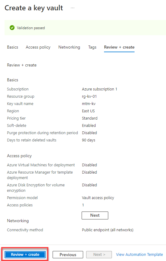 Reviewing settings and creating the new Key Vault