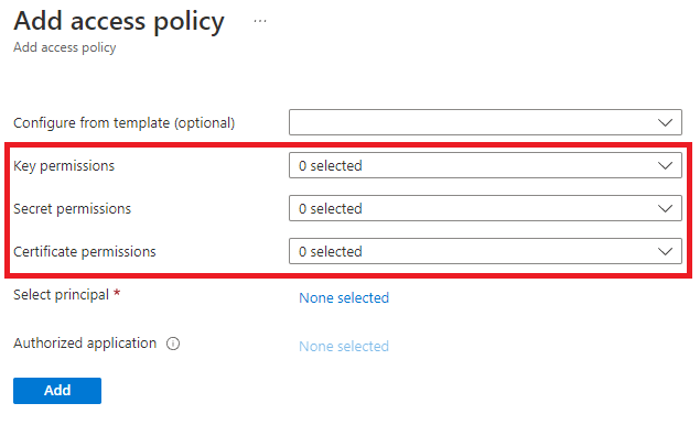 Selecting permissions for the new Access Policy