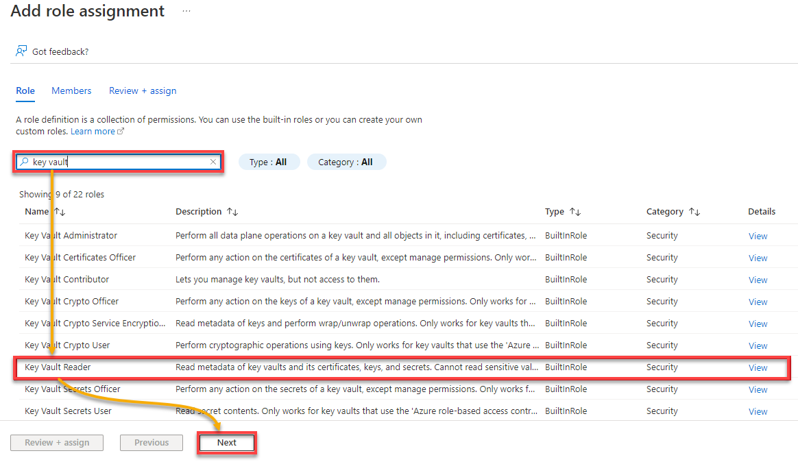 Searching for the Key Vault Reader role