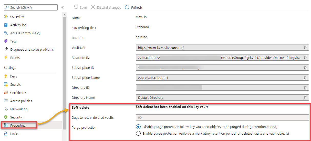 Navigating to the recovery options of an existing Key Vault