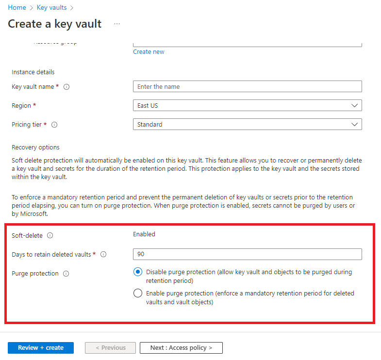 Navigating the recovery options when creating a new Key Vault