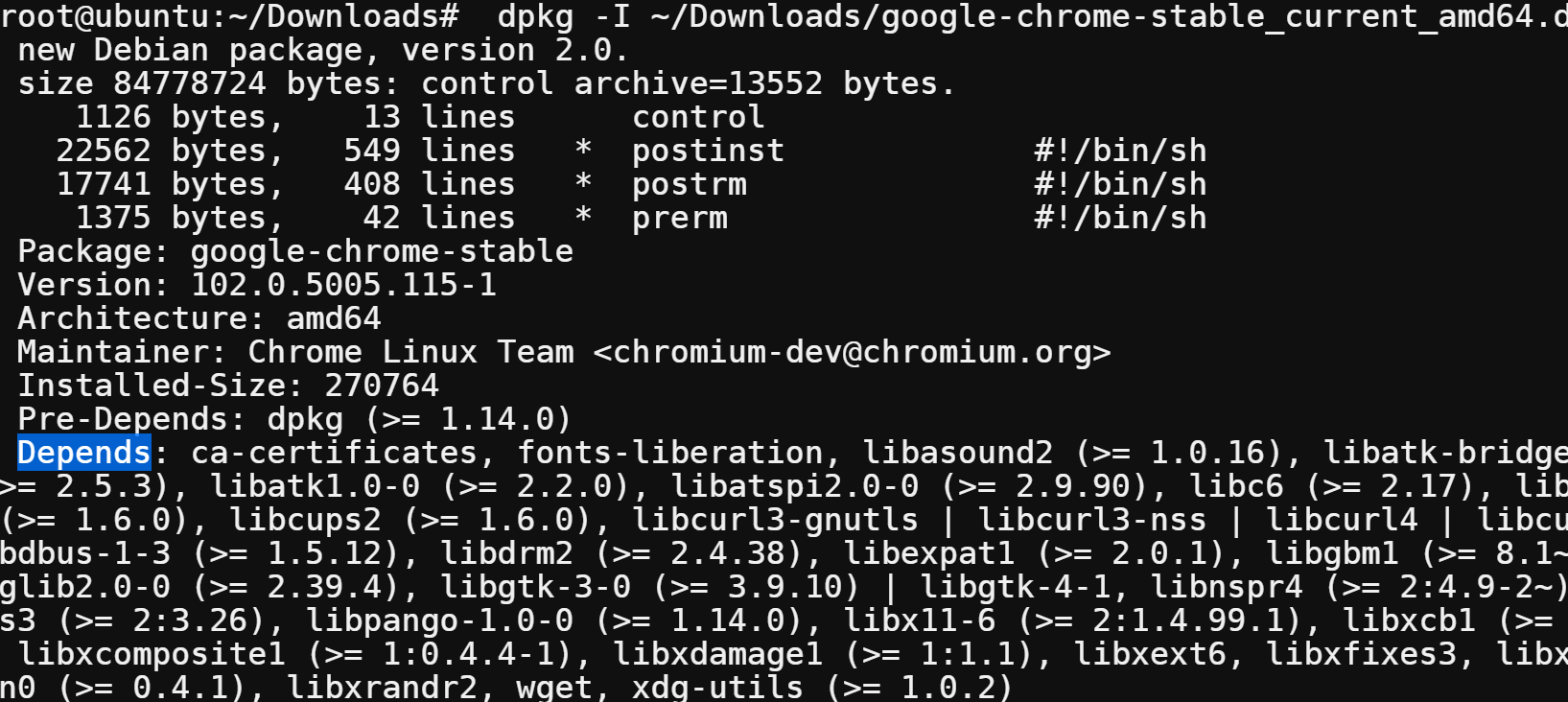 Listing all dependencies of a deb file (Chrome deb package)