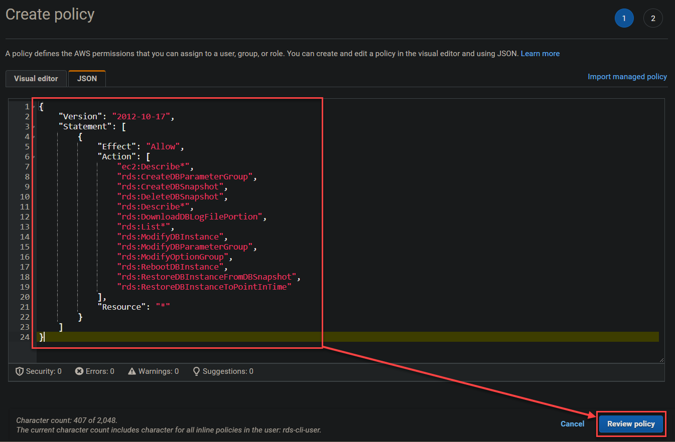 Adding an inline policy in JSON format