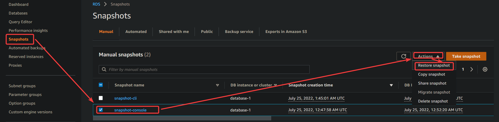 Opening the Restore DB instance page.