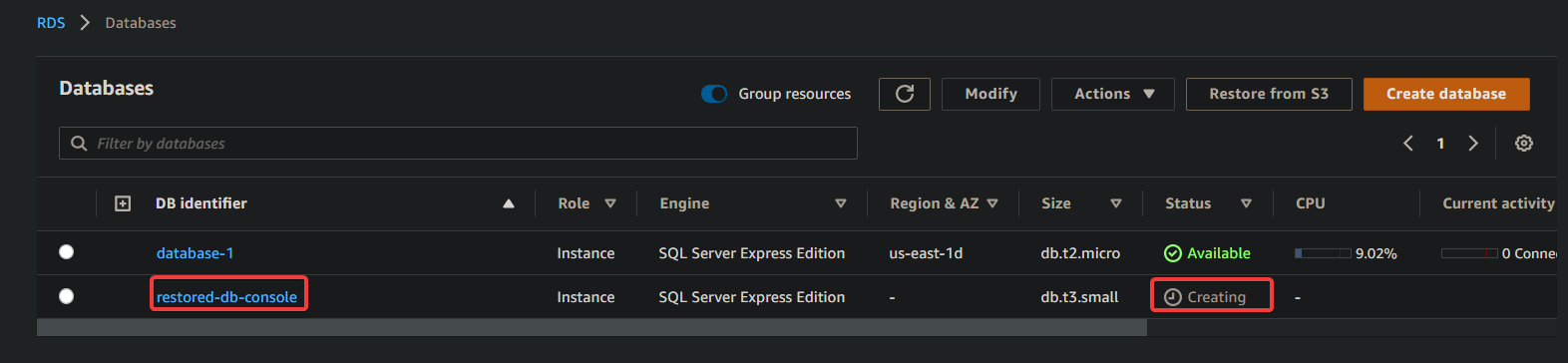 Viewing your DB instances