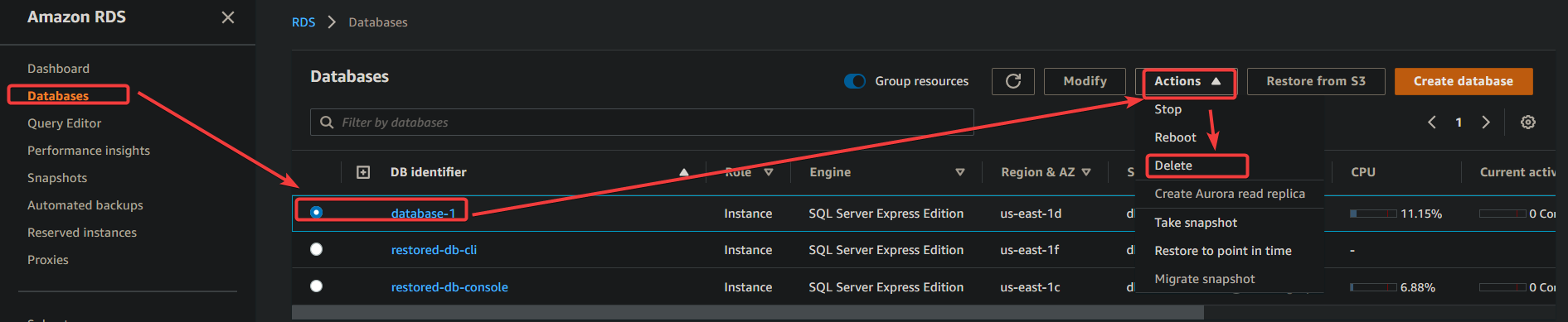 Initiating deleting the database instance