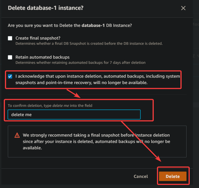 Confirming deleting the database instance