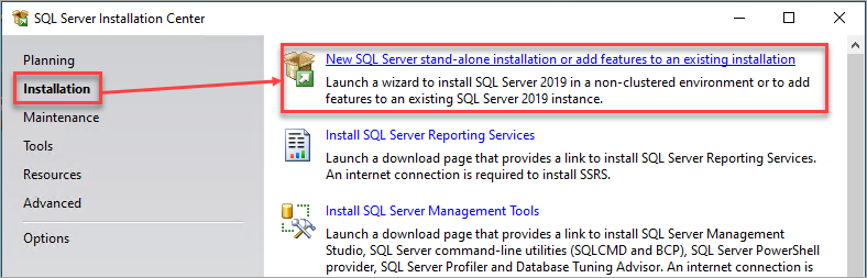 Click New SQL Server stand-alone installation