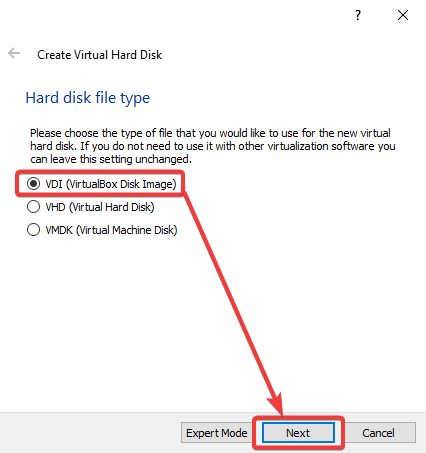 Selecting VDI (VirtualBox Disk Image).