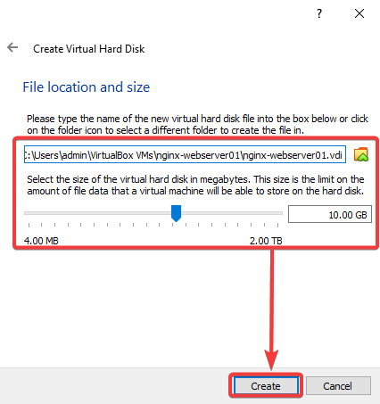 Set the disk location and maximum size