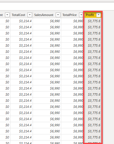 Verifying the data in the Profit column