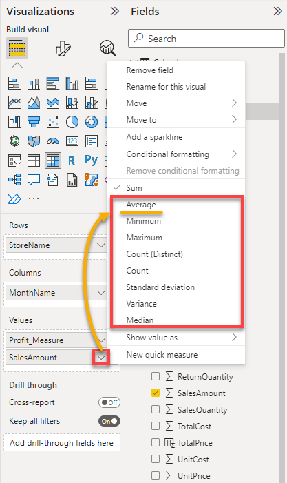 Choosing a different measure for a numeric column