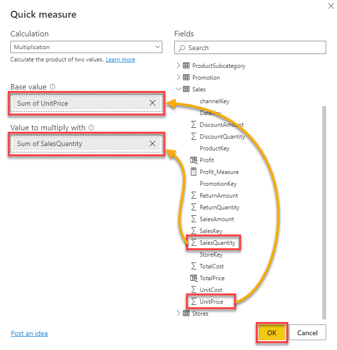 Populating the quick measure from Fields value