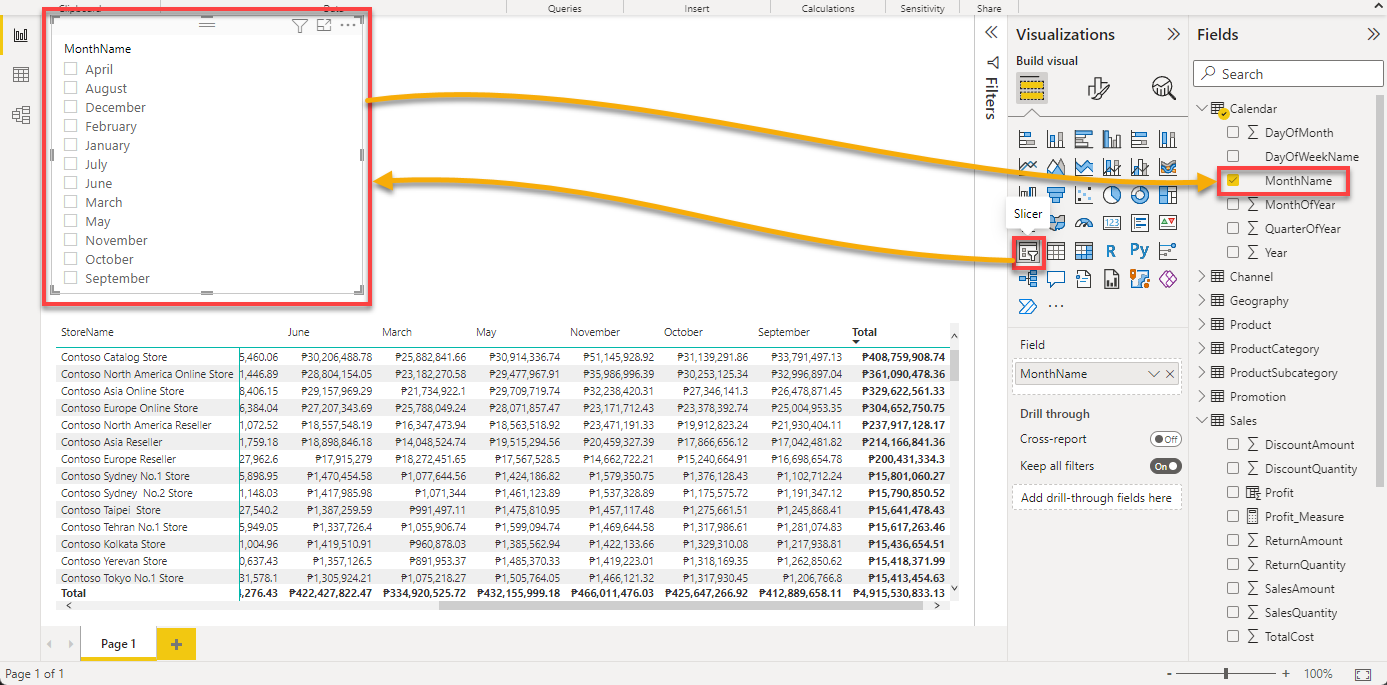 Adding a slicer for the MonthName column