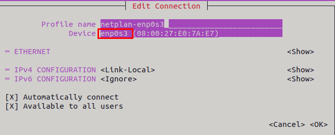 Editing a Network Connection: Displaying interface parameters