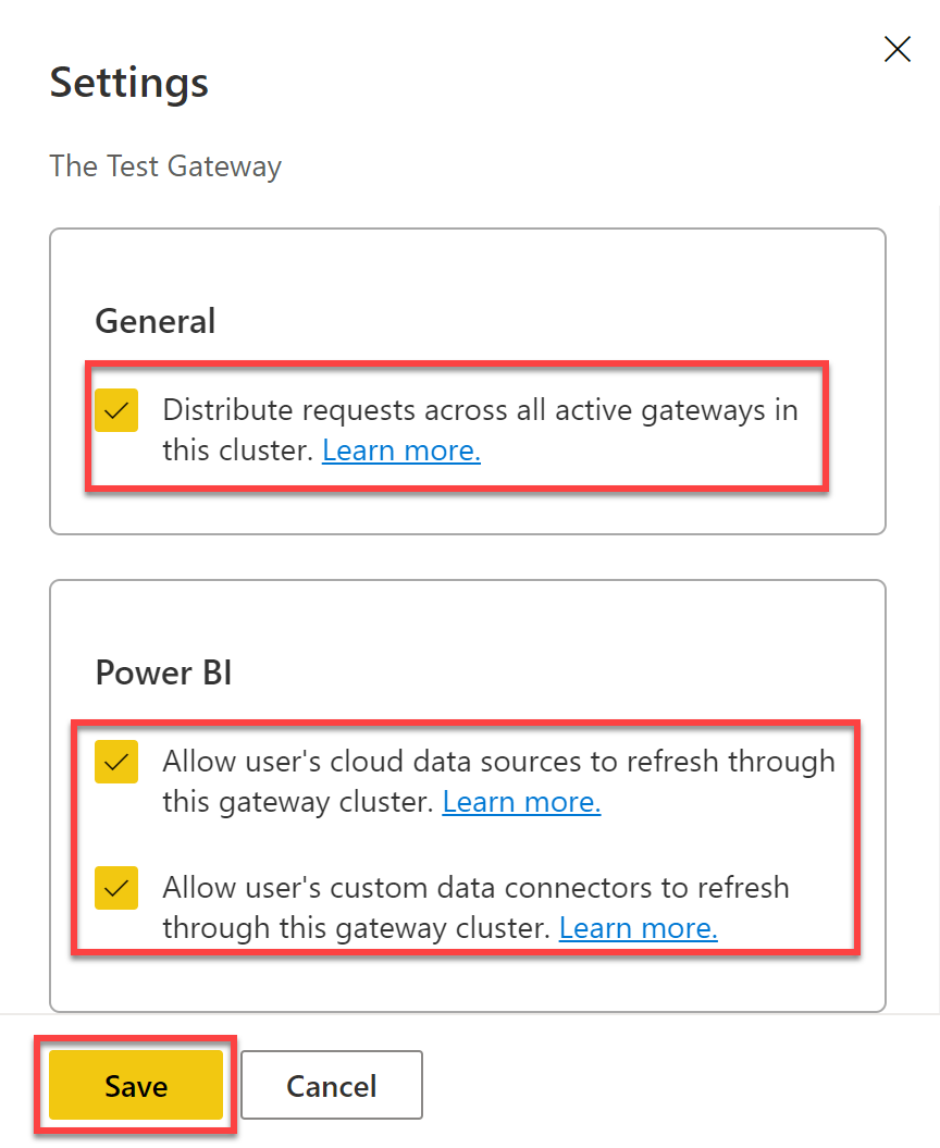 Settings Page for Configured On-premises data gateways on Power Bi