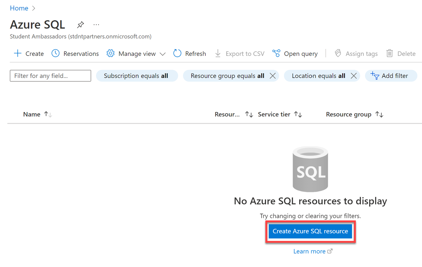 Creating a resource for Azure SQL