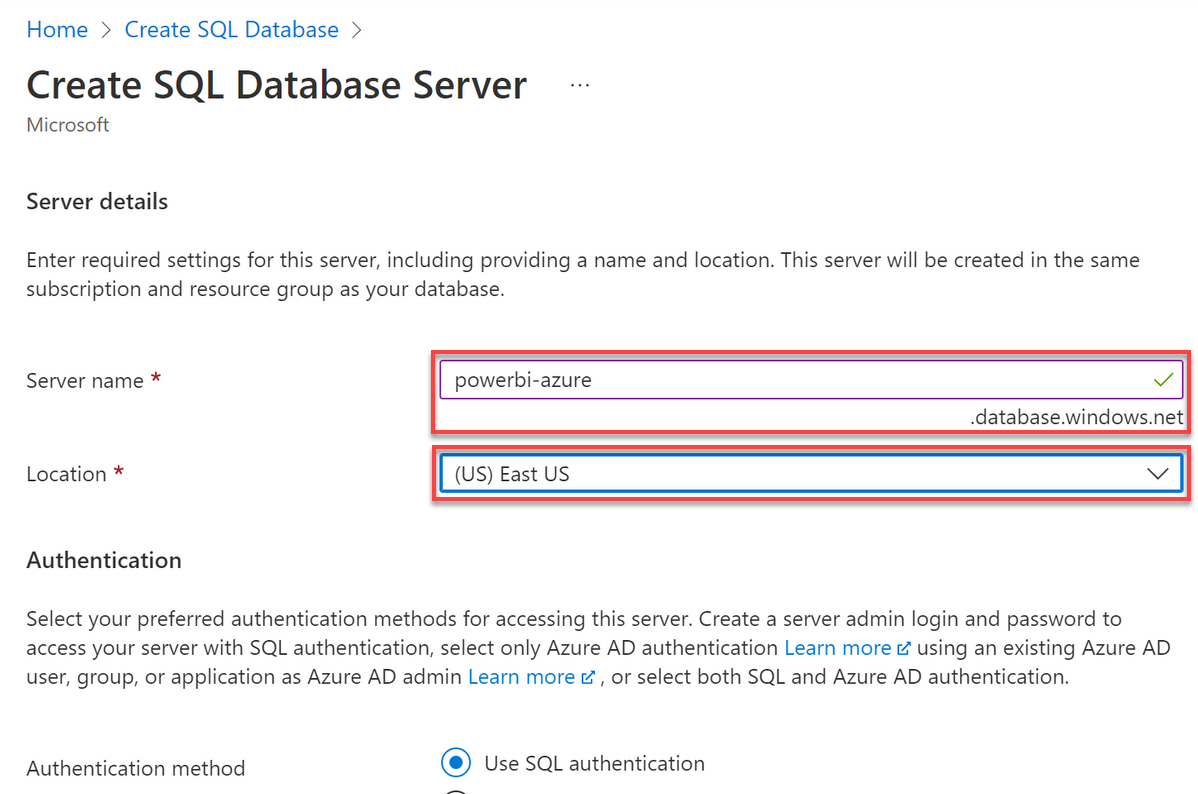 Creating server for SQL database