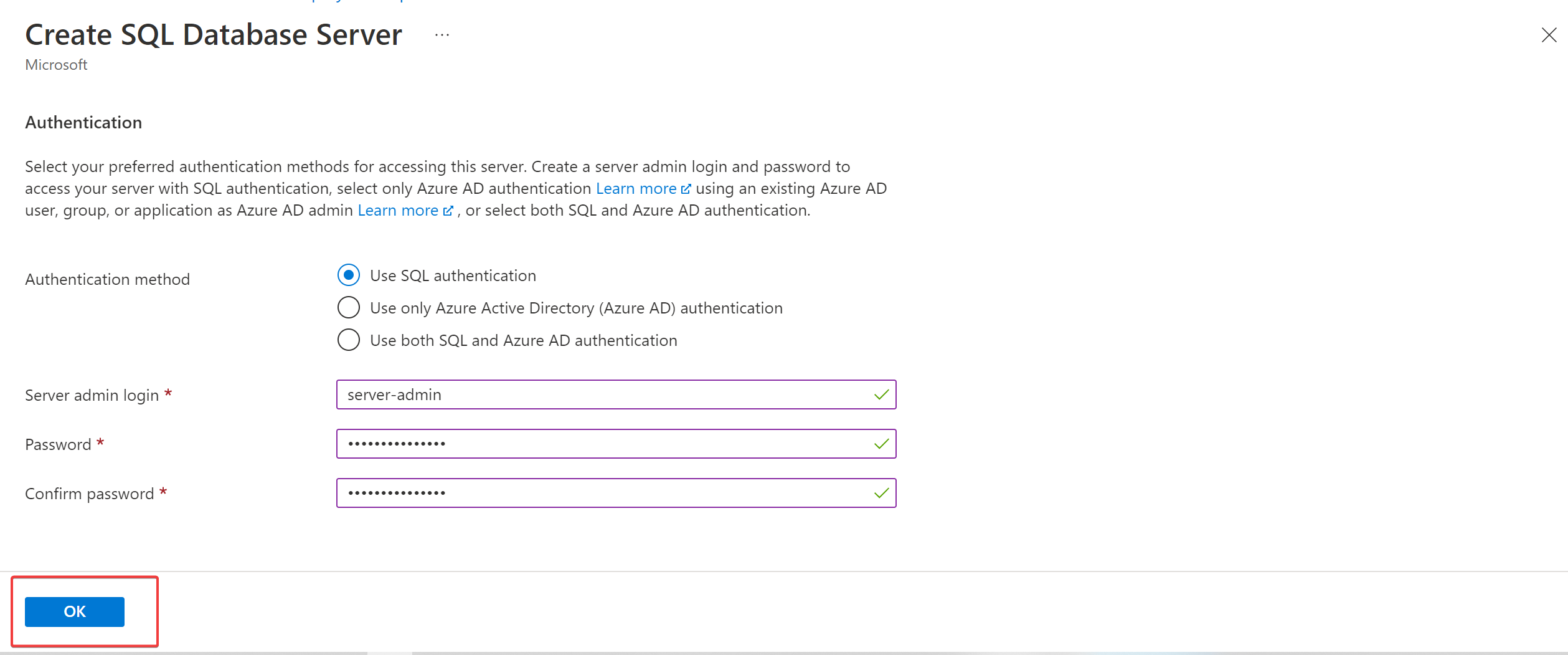 Creating a SQL database admin details