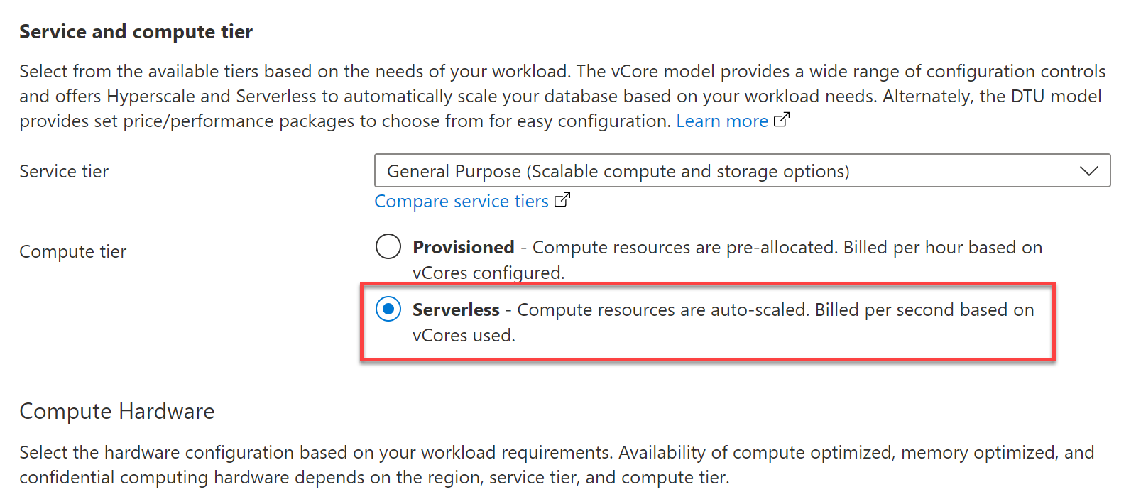 Settings the tiers for SQL database