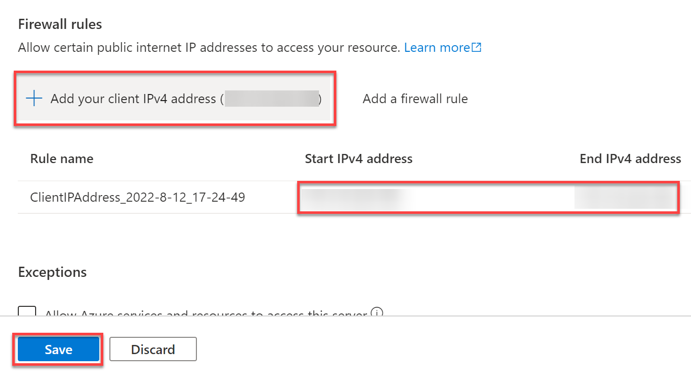 Adding a client IPv4 to access the SQL database