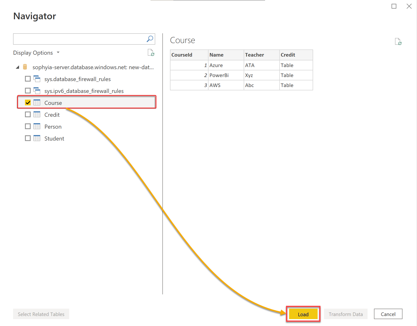 Loading data of the Course table