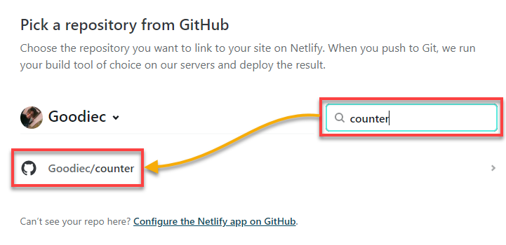 Selecting the GitHub repository to import the project from