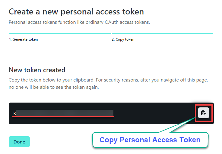 Copying the new personal access token