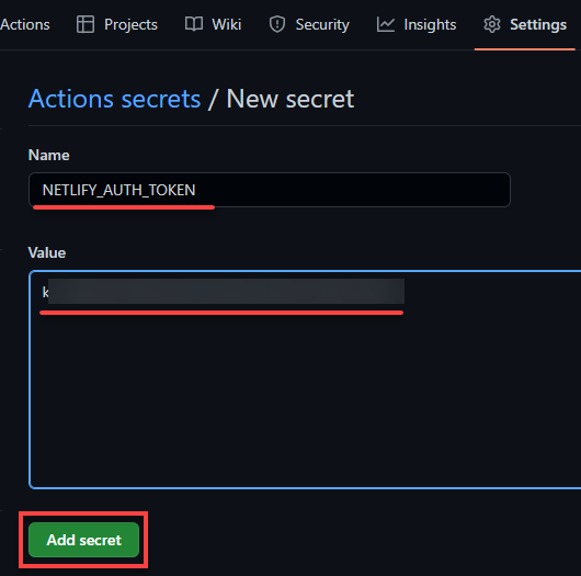 Adding a secret for the access token