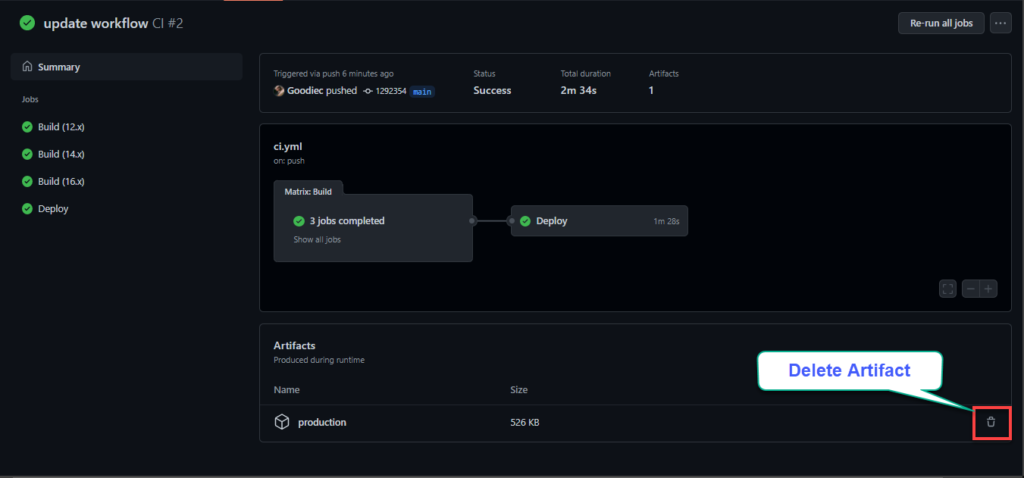 Deleting an artifact from the workflow on GitHub