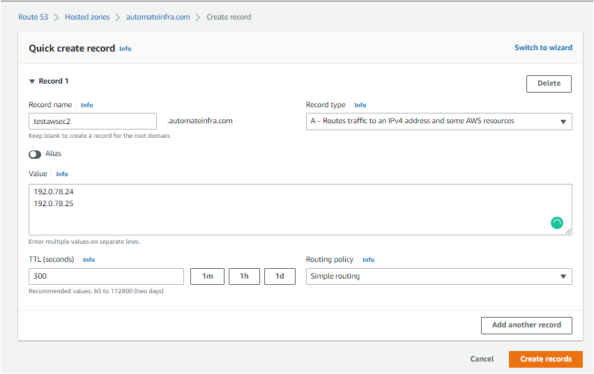 Creating a DNS A record in AWS Route 53