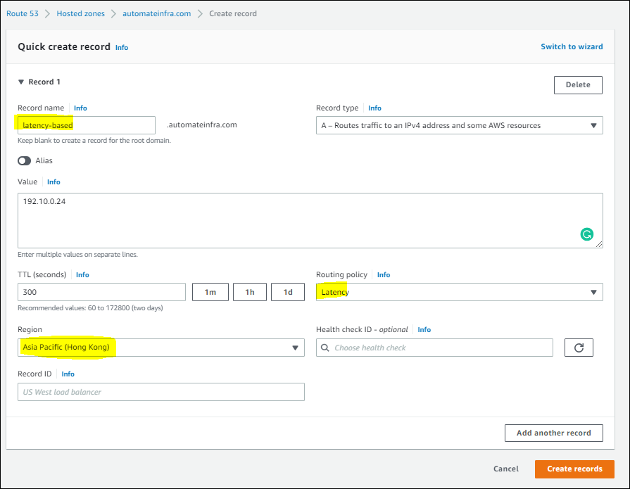 Creating a latency based Routing Policy in Route 53