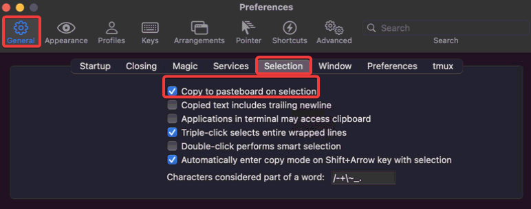 Enabling the copy on selection feature
