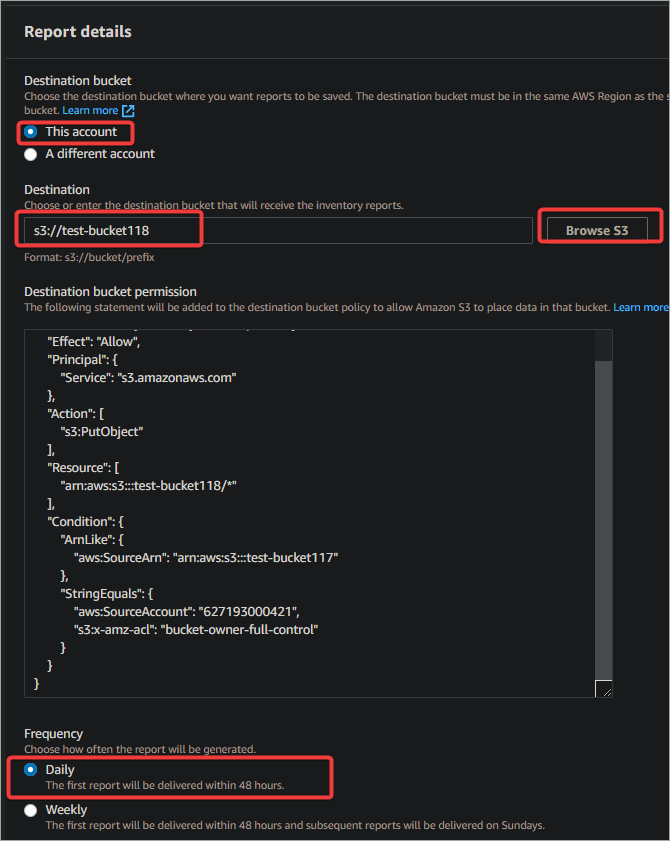 S3 inventory destination and report frequency