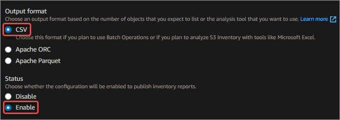 Report format and S3 inventory configuration status