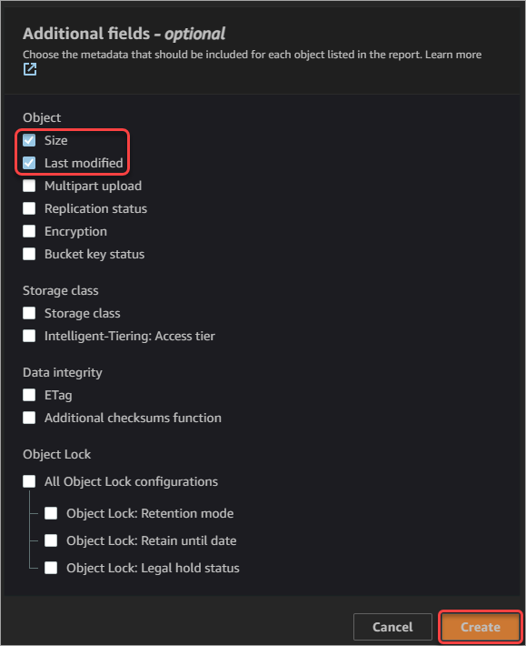 Select fields and create the S3 inventory configuration 