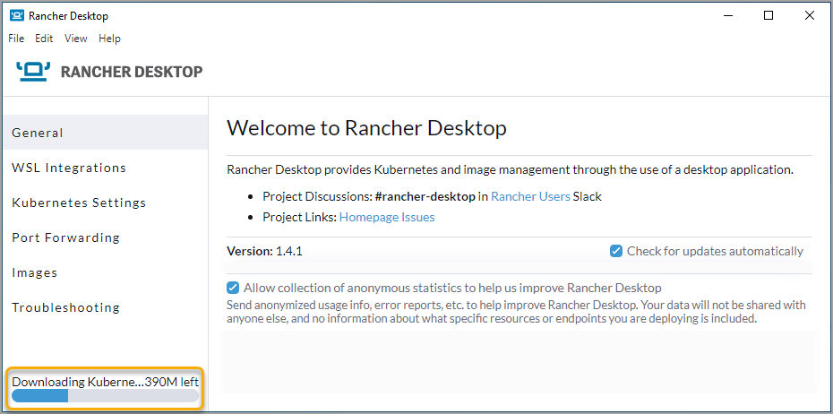 Wait for Rancher Desktop to download components and start services