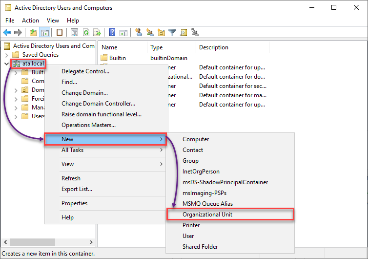 Creating a new OU in the domain controller