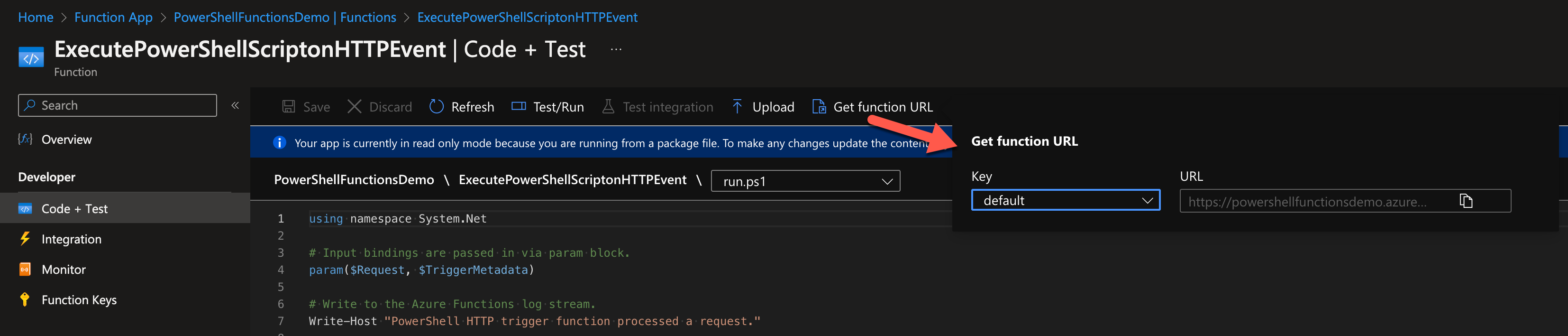 Getting the Azure Functions PowerShell endpoint