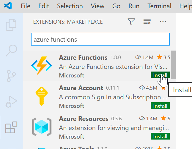 Installing the Azure Functions extension