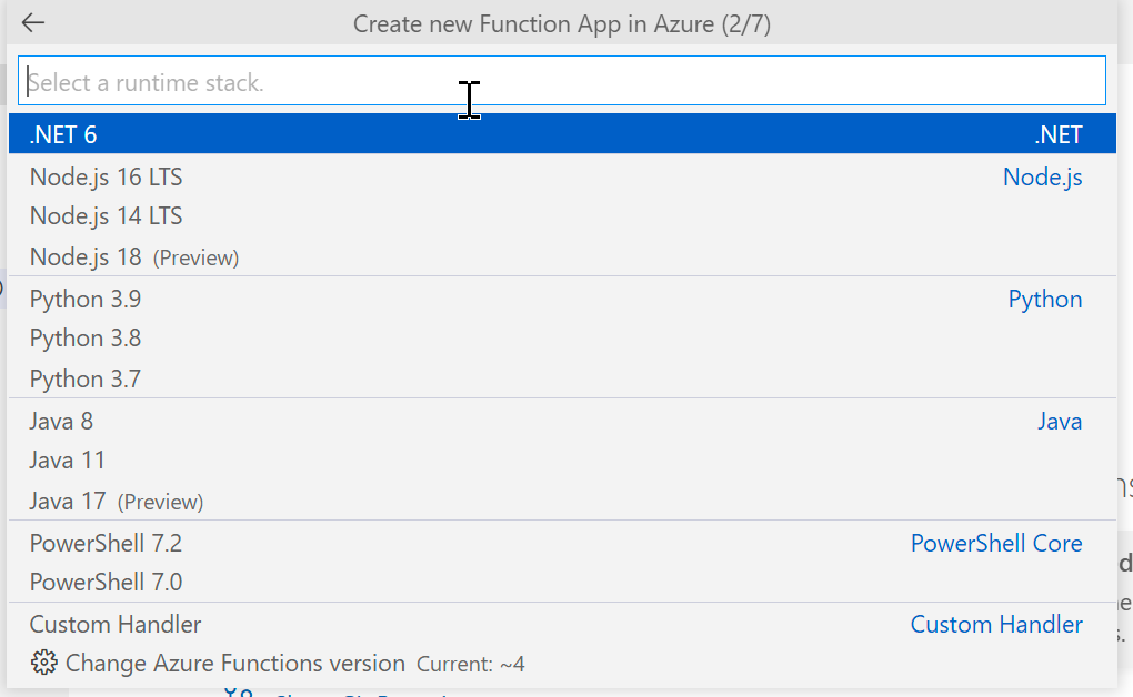 Azure function runtime stack