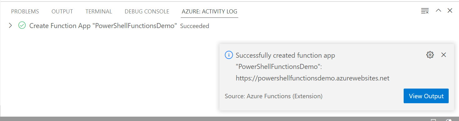Azure Function creation success
