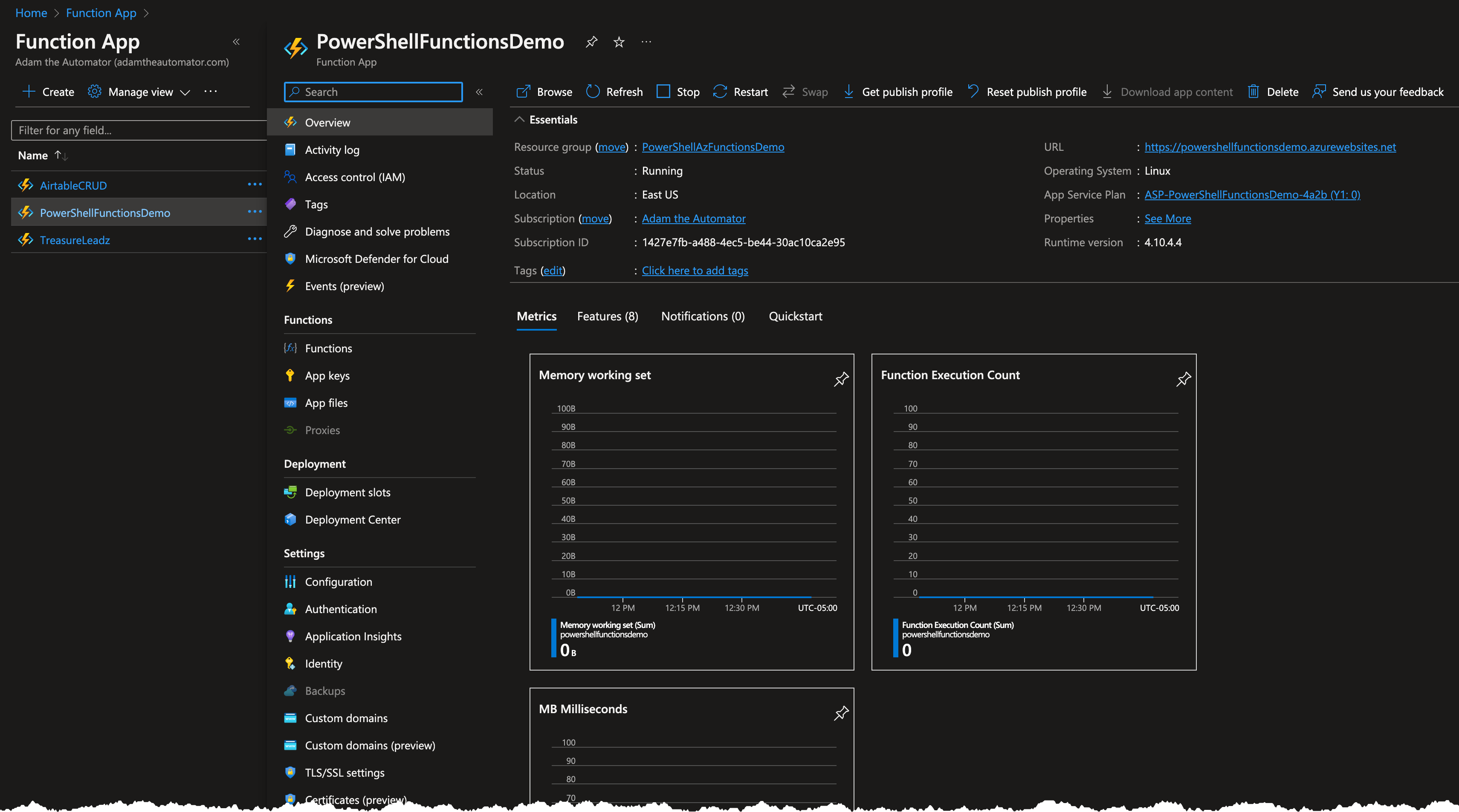 Azure function in the Azure Portal