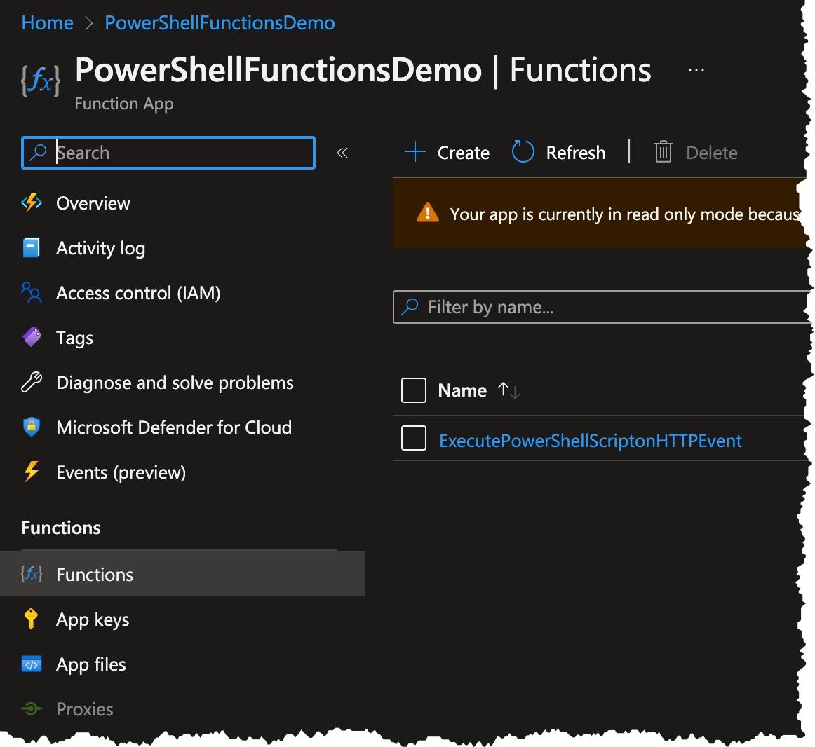 New Azure function in the Azure portal