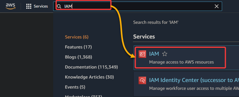 Selecting the IAM service