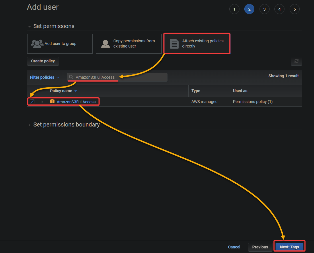 Setting permissions to  the IAM user