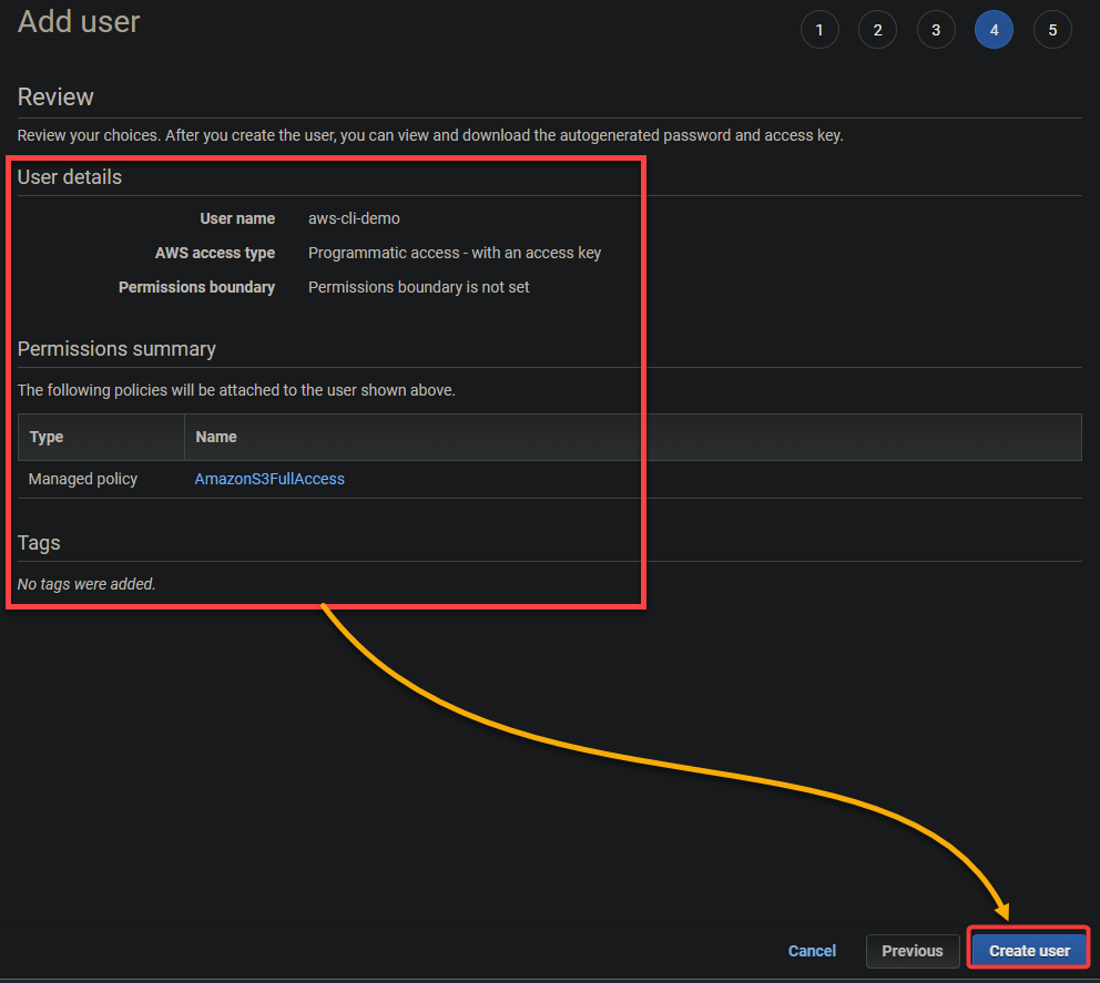 Reviewing user details and creating the IAM user