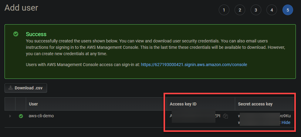 Noting down the IAM user’s access and secret access keys