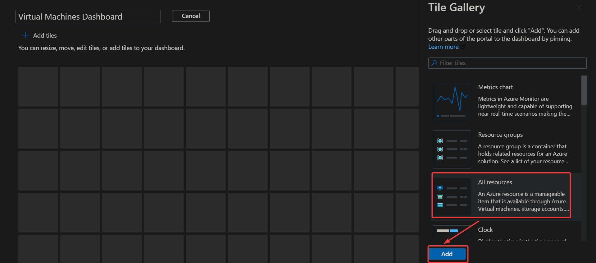 Adding a tile to the custom dashboard